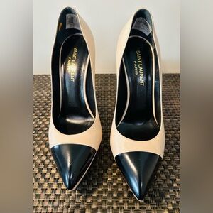 Saint Laurent Janis Leather Pump Size 7 (Eur 37.5) Beige Black Made in Italy